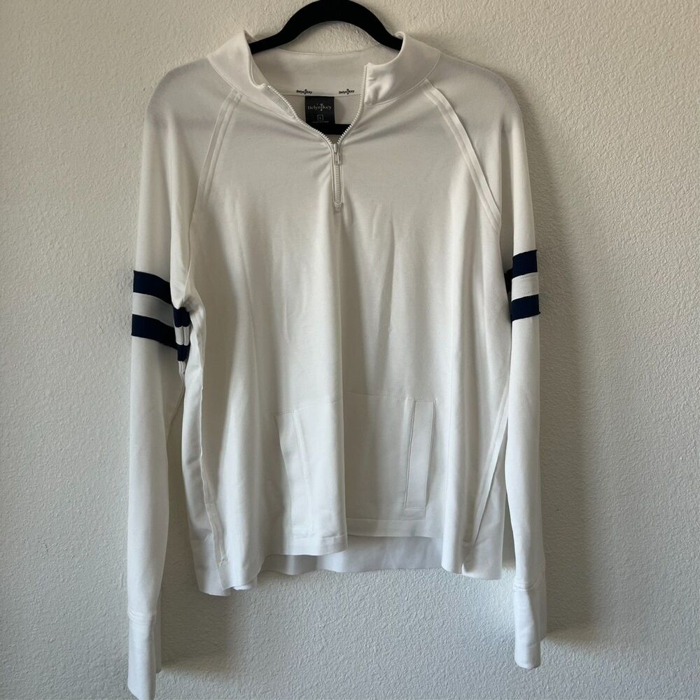 Belyn Key Women’s Golf Pullover White Navy Blue LG Quarter Zip Long Sleeve Shirt